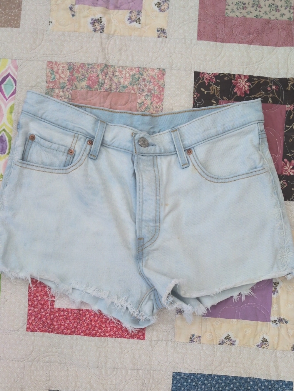 501 Levi's Light Blue Distressed High-Waist Button-Fly Jean Shorts